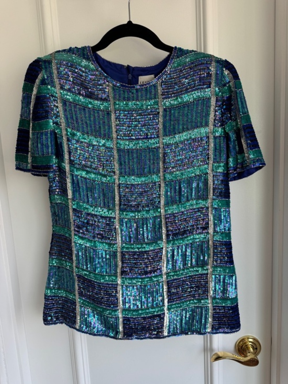 Leslie Fay Evenings Sequin Pullover Top Purple Turquoise Short Sleeve Size S
